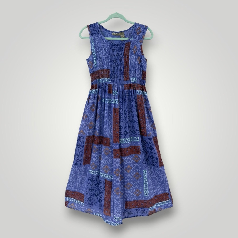 Jane Ashley Dress Womens M Blue Patchwork Smocked Cotton Sundress Boho India
